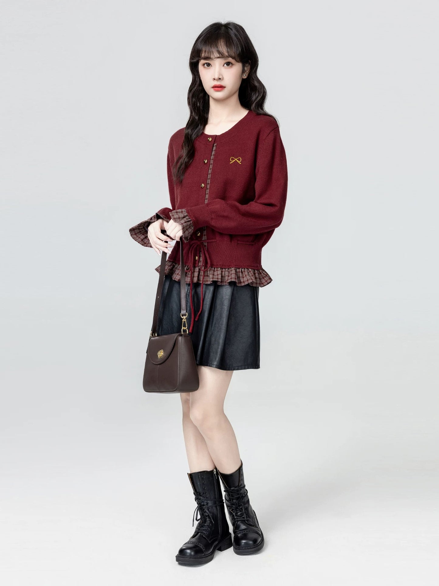 French-style red faux two-piece knitted cardigan for women, spring and autumn 2026 new style, belted waist sweater coat top