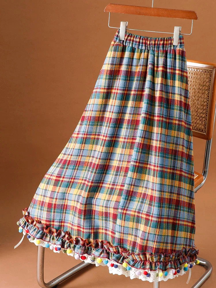 Retro festive sweet rainbow sugar bean plaid woolen long skirt for women autumn and winter lace stitching bowknot