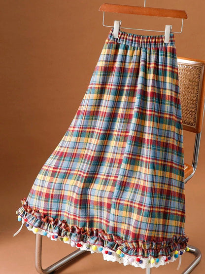 Retro festive sweet rainbow sugar bean plaid woolen long skirt for women autumn and winter lace stitching bowknot