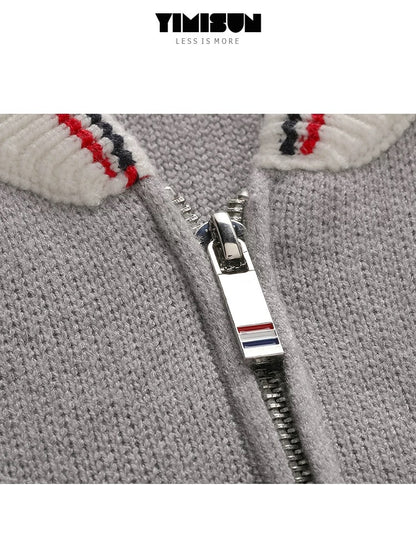 YIMISUN design contrast color four-bar stand collar zipper pocket knitted cardigan long sleeve baseball jacket trendy