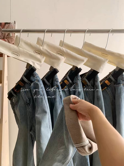 Fleece lined retro nostalgic light blue narrow wide-leg jeans for women in autumn and winter high-waisted straight floor-length casual pants