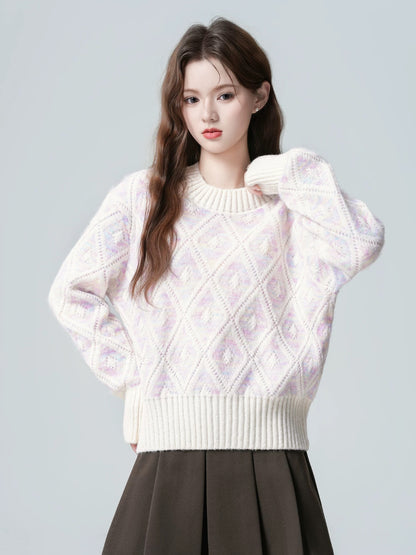 Light purple argyle sweater for women, autumn/winter 2026 new style, loose fit, thick knitwear, short top.