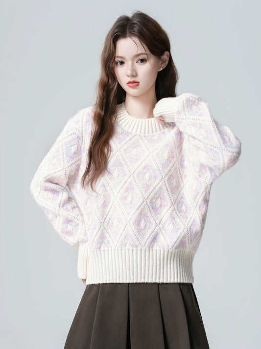 Light purple argyle sweater for women, autumn/winter 2026 new style, loose fit, thick knitwear, short top.