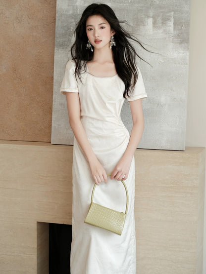 New Chinese style women's jacquard temperament long skirt summer 2024 new style French high-end pleated square neck dress