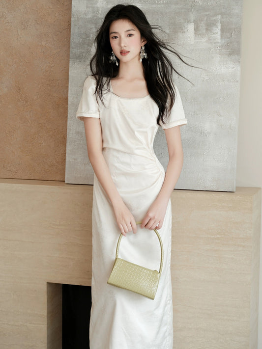 New Chinese style women's jacquard temperament long skirt summer 2024 new style French high-end pleated square neck dress