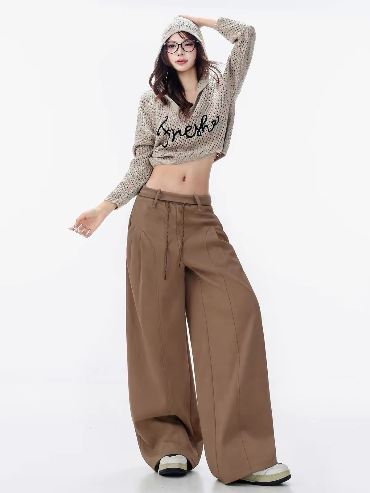 ABWLR Soft & Skin-Friendly – Original Casual Style Brown High-Waisted Wide-Leg Curved-Cut Trousers with Tie-Waist and Drapey Fit