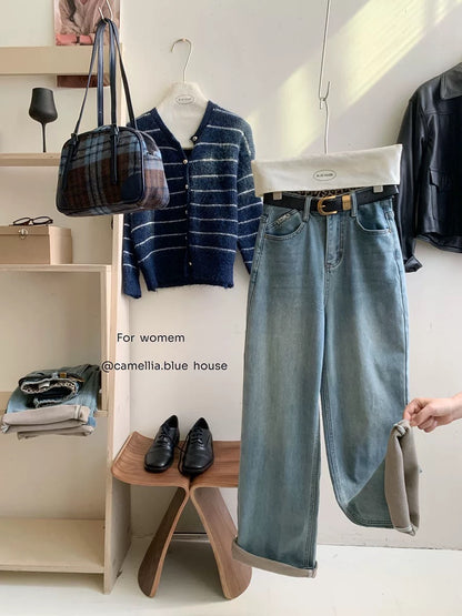 Fleece lined retro nostalgic light blue narrow wide-leg jeans for women in autumn and winter high-waisted straight floor-length casual pants