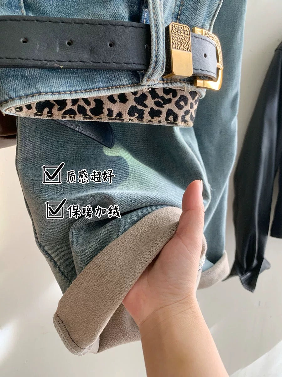 Fleece lined retro nostalgic light blue narrow wide-leg jeans for women in autumn and winter high-waisted straight floor-length casual pants