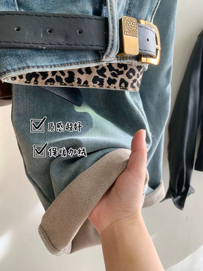 Fleece lined retro nostalgic light blue narrow wide-leg jeans for women in autumn and winter high-waisted straight floor-length casual pants