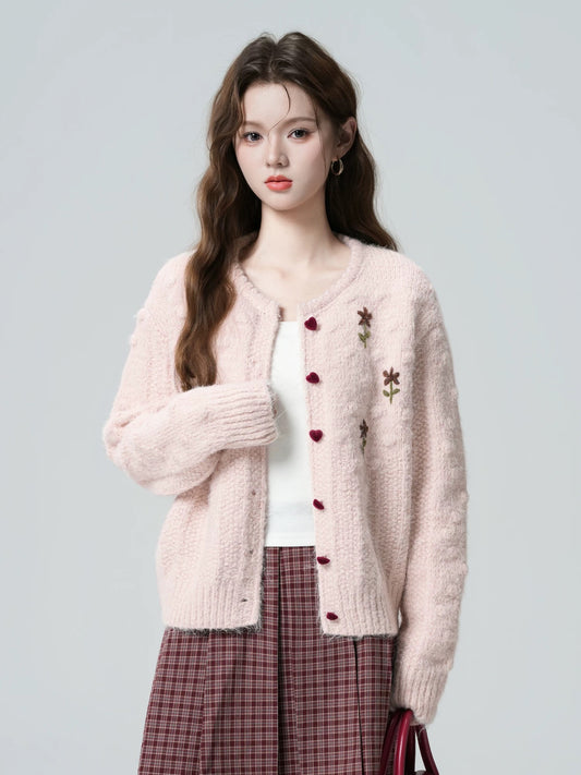 Pink round neck cardigan for women, autumn/winter 2026 new style, floral embroidered knitted cardigan top.