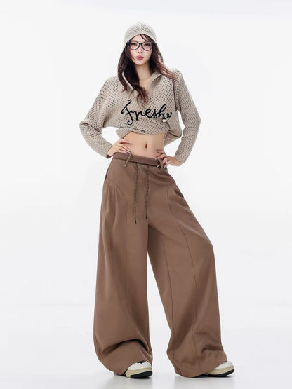 ABWLR Soft & Skin-Friendly – Original Casual Style Brown High-Waisted Wide-Leg Curved-Cut Trousers with Tie-Waist and Drapey Fit