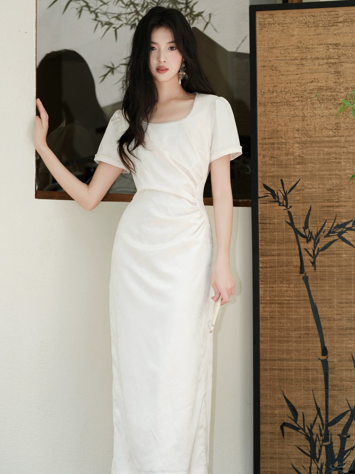 New Chinese style women's jacquard temperament long skirt summer 2024 new style French high-end pleated square neck dress