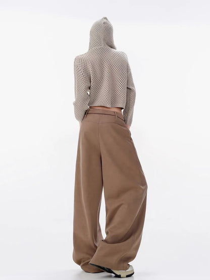 ABWLR Soft & Skin-Friendly – Original Casual Style Brown High-Waisted Wide-Leg Curved-Cut Trousers with Tie-Waist and Drapey Fit