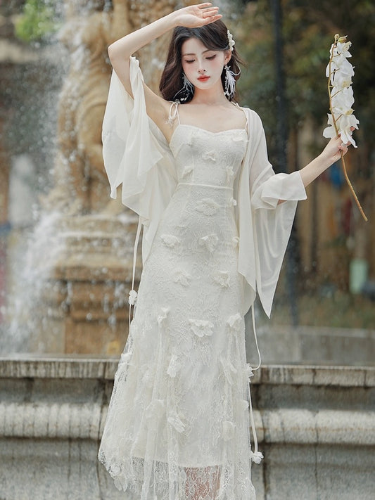 French high-end, exquisite and beautiful lace suspender dress, seaside vacation beach long dress, fairy temperament and slimming