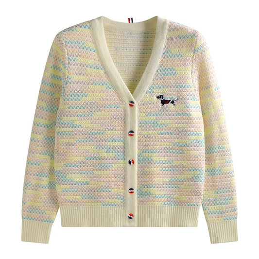YIMISUN v-neck chic fish scale pattern puppy embroidery long-sleeved knitted cardigan women's loose short top jacket