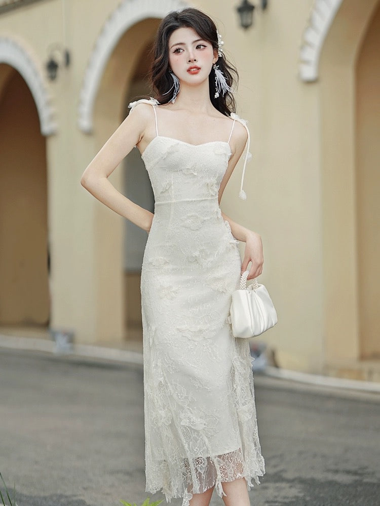French high-end, exquisite and beautiful lace suspender dress, seaside vacation beach long dress, fairy temperament and slimming
