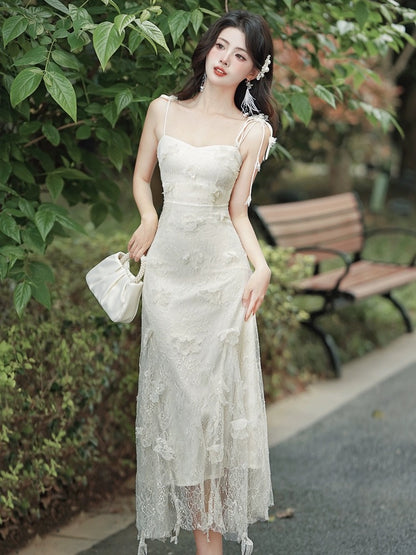 French high-end, exquisite and beautiful lace suspender dress, seaside vacation beach long dress, fairy temperament and slimming