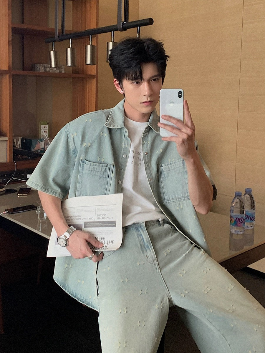 Hualun denim shirt, boys' jacket, cleanfit trendy and handsome loose casual shirt suit, complete set