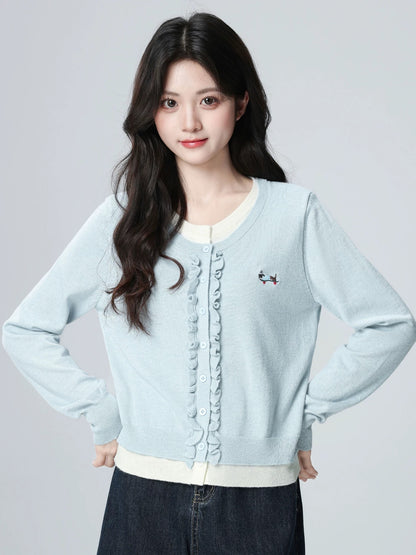 Blue faux two-piece knitted cardigan for women, spring and autumn 2026 new style, color blocking, ruffled trim sweater jacket, short top.