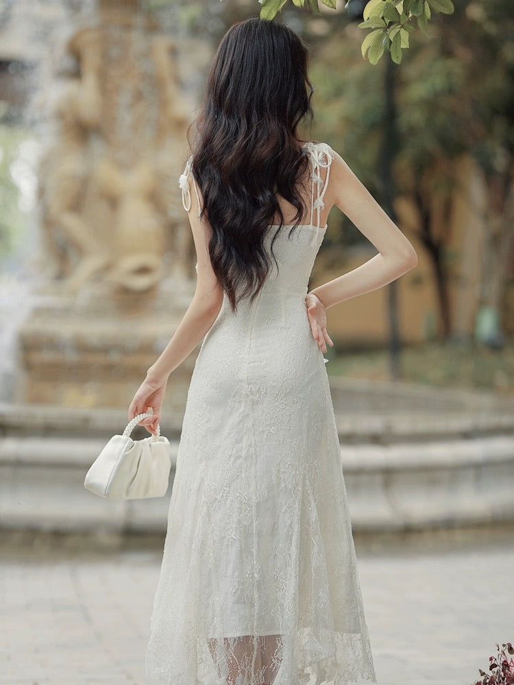 French high-end, exquisite and beautiful lace suspender dress, seaside vacation beach long dress, fairy temperament and slimming