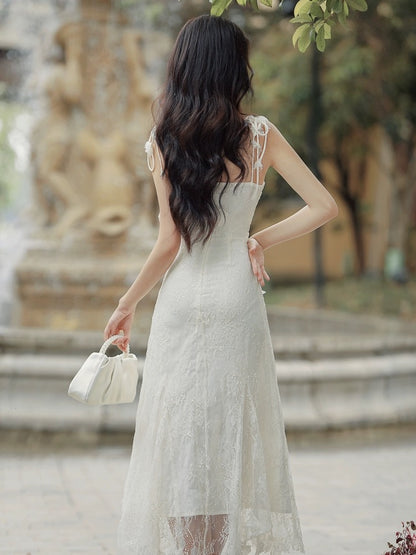 French high-end, exquisite and beautiful lace suspender dress, seaside vacation beach long dress, fairy temperament and slimming