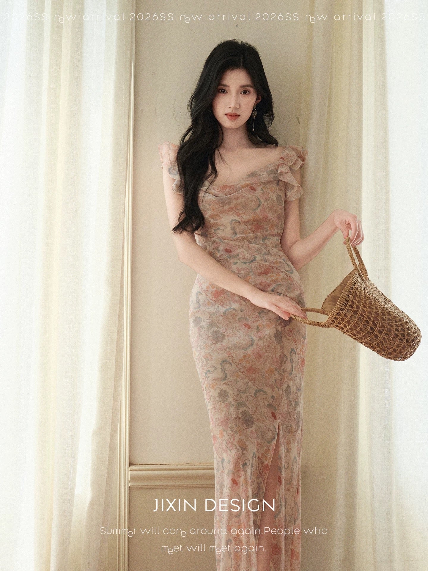 Send a letter to "Flowers and Alice" French-style gentle floral dress with a bias cut, flared neck, slim fit, and a fishtail hem.