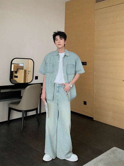 Hualun denim shirt, boys' jacket, cleanfit trendy and handsome loose casual shirt suit, complete set