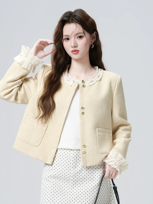 Apricot-colored round neck-style jacket for women, spring and autumn 2026 new style, lace patchwork cardigan, short top.