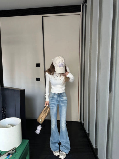Xinlei Lin two-color mid-low-waist slim stretch micro-flare slim-fit micro-flare jeans trousers for women spring and summer