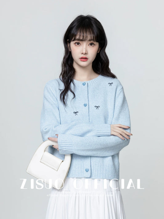 Blue bow-knitted cardigan for women, new spring and autumn style, soft and cozy round neck sweater, versatile short top.