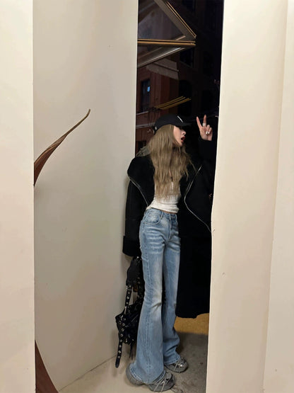 Xinlei Lin two-color mid-low-waist slim stretch micro-flare slim-fit micro-flare jeans trousers for women spring and summer