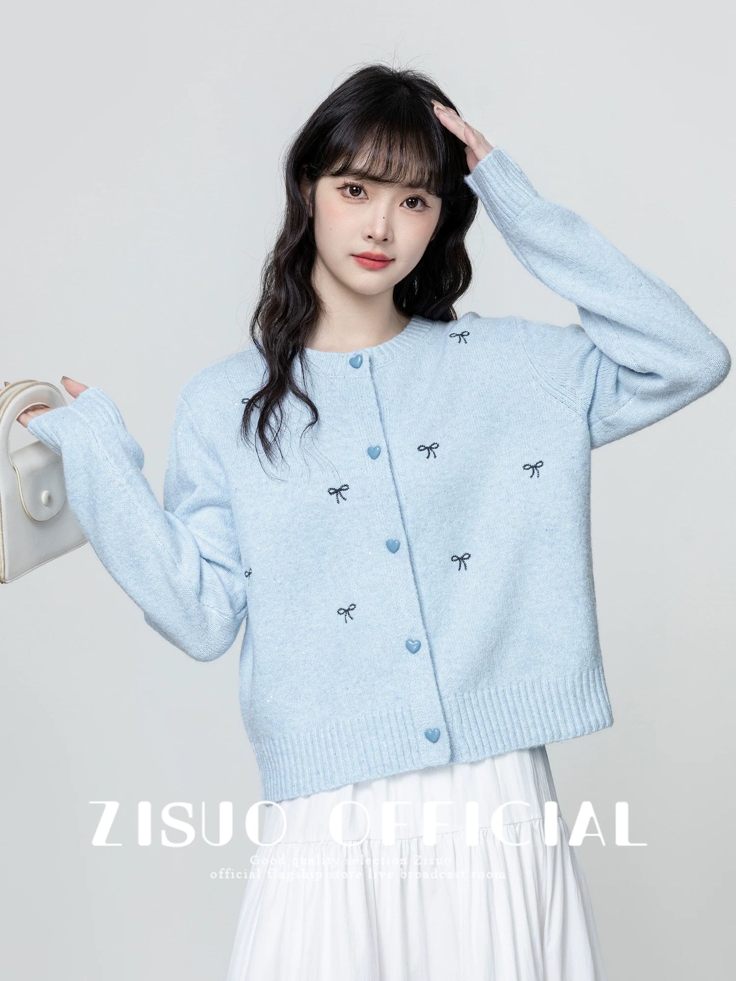 Blue bow-knitted cardigan for women, new spring and autumn style, soft and cozy round neck sweater, versatile short top.