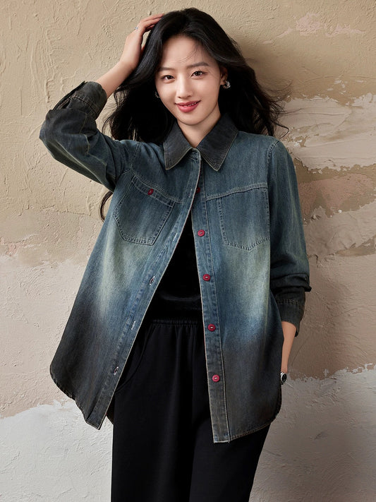 Yipinle plus size women's retro washed gradient denim shirt women's spring and autumn 2024 new European style loose top