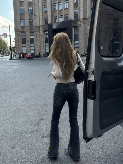 Xinlei Lin two-color mid-low-waist slim stretch micro-flare slim-fit micro-flare jeans trousers for women spring and summer
