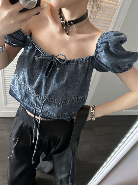 Xinlei Lin Summer New Sweet and Spicy Double Break Pullover Blue Adjustable Puff Sleeve Short Sleeve Denim Top for Women