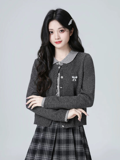 Dark gray collared knit cardigan for women, spring and autumn 2026 new style, faux two-piece patchwork sweater, short top.