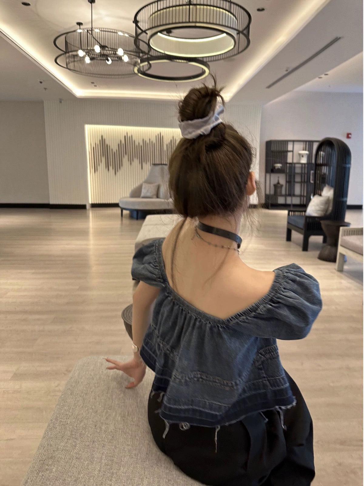 Xinlei Lin Summer New Sweet and Spicy Double Break Pullover Blue Adjustable Puff Sleeve Short Sleeve Denim Top for Women