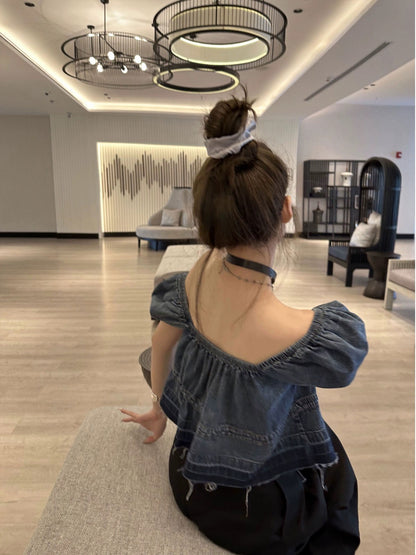 Xinlei Lin Summer New Sweet and Spicy Double Break Pullover Blue Adjustable Puff Sleeve Short Sleeve Denim Top for Women
