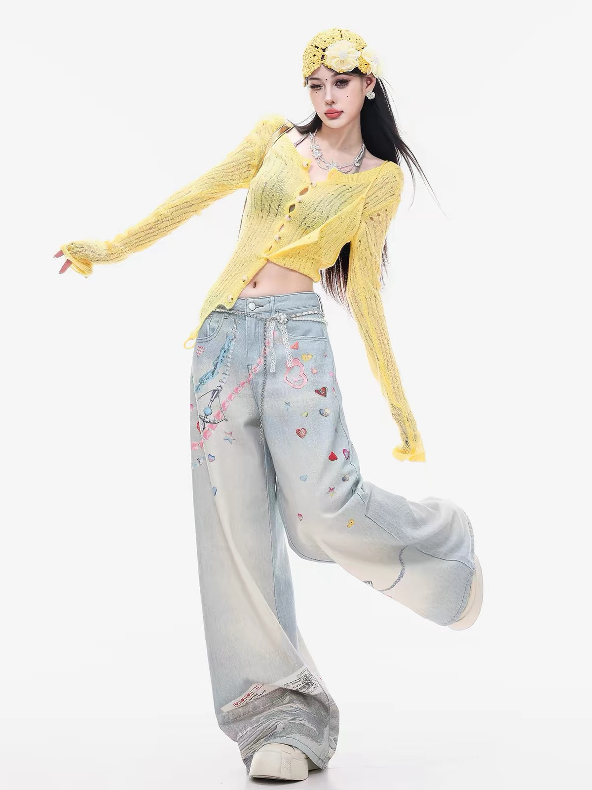 ABWLR Trendy Style – Original American-style chain print wide-leg jeans for women; loose, slimming, straight-leg fit for autumn.