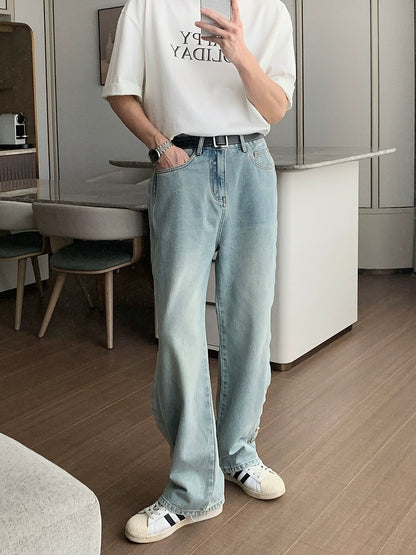 Hualun spring pure cotton light blue jeans buttoned pants trendy brand handsome street pants men handsome straight pants
