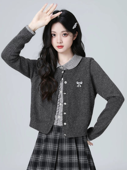 Dark gray collared knit cardigan for women, spring and autumn 2026 new style, faux two-piece patchwork sweater, short top.