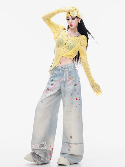 ABWLR Trendy Style – Original American-style chain print wide-leg jeans for women; loose, slimming, straight-leg fit for autumn.