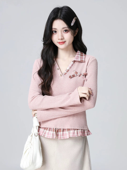 Pink Faux Two-Piece Long-Sleeve T-Shirt for Women, Spring and Autumn 2026 New Style, Plaid Patchwork Bow V-Neck Short Top