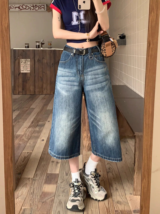 Kumikumi retro distressed washed jeans cropped trousers for women summer loose slim all-match straight wide-leg trousers