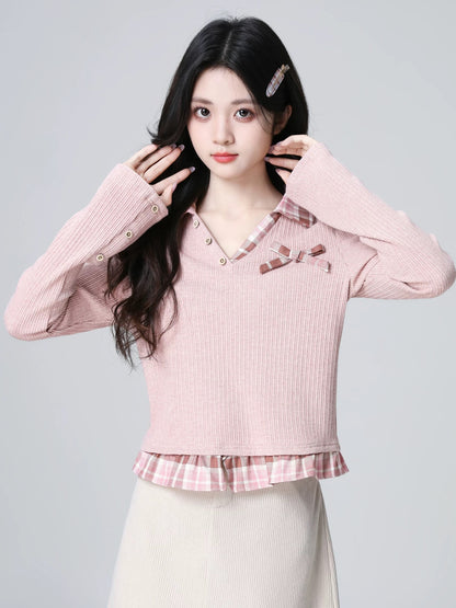 Pink Faux Two-Piece Long-Sleeve T-Shirt for Women, Spring and Autumn 2026 New Style, Plaid Patchwork Bow V-Neck Short Top