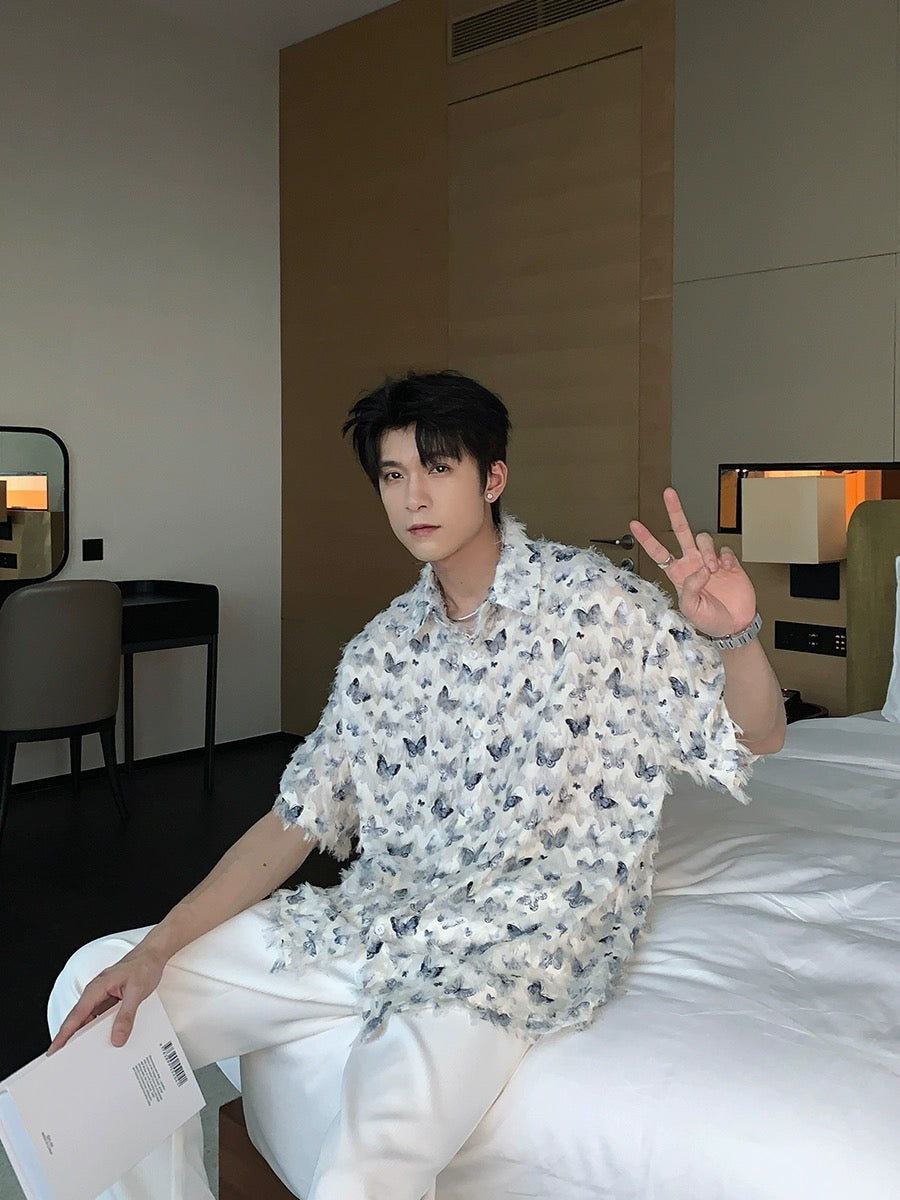 Hualun butterfly tassel shirt men's short-sleeved summer handsome versatile couple top 2024 new casual shirt