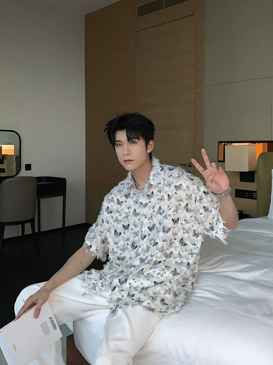 Hualun butterfly tassel shirt men's short-sleeved summer handsome versatile couple top 2024 new casual shirt