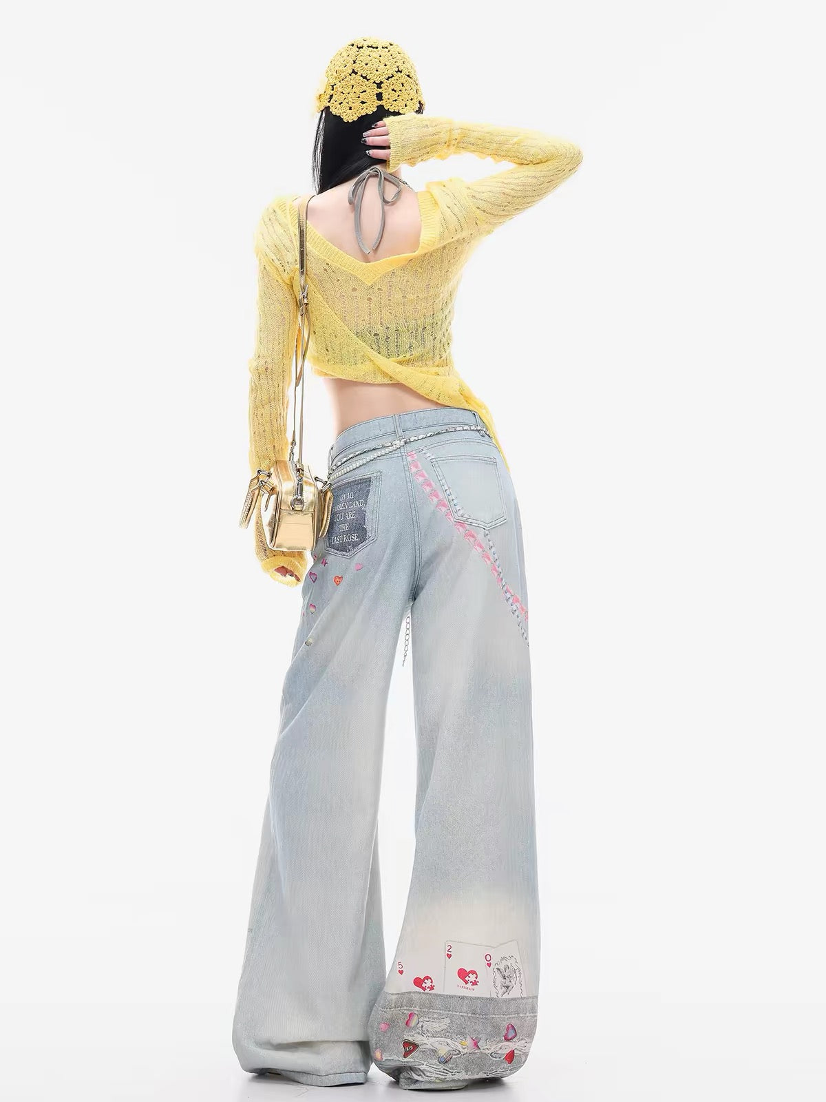 ABWLR Trendy Style – Original American-style chain print wide-leg jeans for women; loose, slimming, straight-leg fit for autumn.