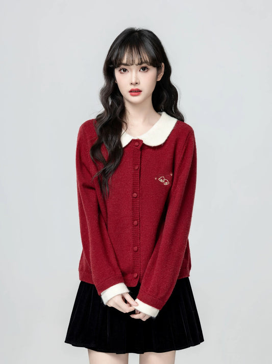 Red Christmas Collared Sweater Cardigan for Women, Autumn/Winter 2026 New Style, Faux Two-Piece Knitted Cardigan, Short Top