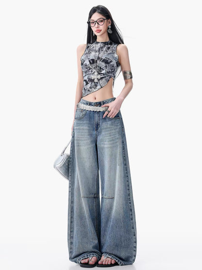 ABWLR Denim Stroll – Original minimalist low-rise wide-leg jeans; loose, slimming, and versatile blue style for women.